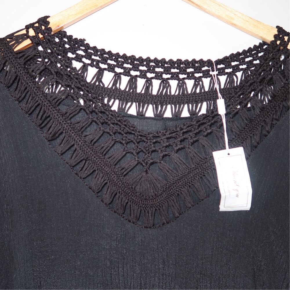 Black Crochet Trim Open Knit Cover Up Tunic Dress One Size - Picture 2 of 4